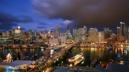 sidney harbor at dusk - bridhe, boats, harbor, city, dusk, lights