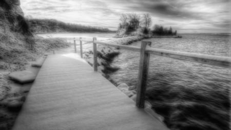 bridge to a an island in a lake in grayscale hdr - lake, winter, island, grayscale, bridge, wood, hdr