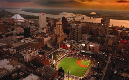 birdseye view of memphis tennessee - view, evening, river, city, stadium