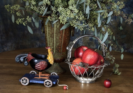 Still life - apple, red, flower, figurine, vase, still life, chicken, toy, car, fruit, basket, deco