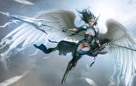 Angel - woman, girl, angel, valkyrie, wings, fantasy, white, feather, dodqkrwnl