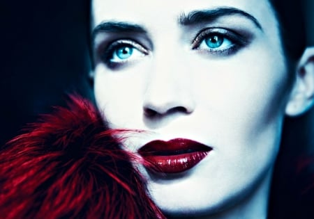 Emily Blunt - blue, Emily Blunt, girl, actress, black, make-up, red, woman, face