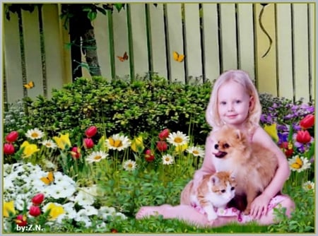 Girl with dog - flowers, girl, dog, fence, cat