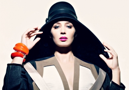 Emily Blunt - woman, actress, girl, hat, fashion, black, emily blunt, model, white, orange