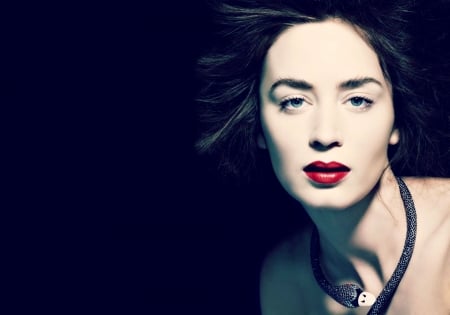 Emily Blunt - swan, Emily Blunt, girl, actress, black, make-up, necklace, red, woman, face