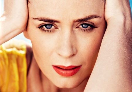 Emily Blunt - yellow, summer, Emily Blunt, girl, orange, actress, make-up, woman, face