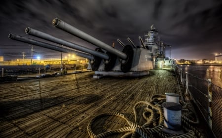 cannons on a battleship hdr - ship, military, hdr, harbor, cannons, night