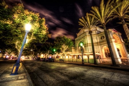 magical street at night hdr - street, trees, city, night, hdr, lights