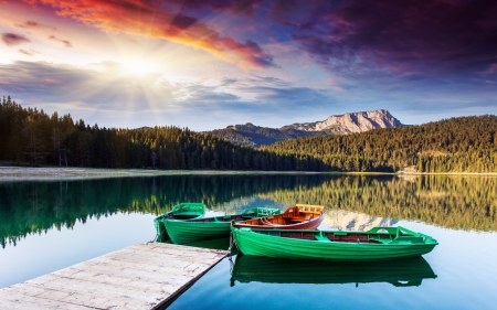 boats on a mountain lake hdr - boats, hdr, sunshine, lake, dock, mountains