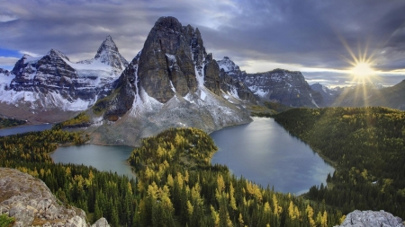 gorgeous mountain lakes - lakes, forest, mountains, sunset