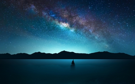 solitary sailboat under stary night - sky, lake, boat, stars, night