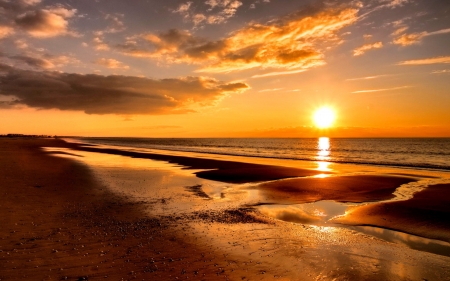 marvelous beach sunset - beach, sky, sun, shore, sunset, nature, reflection, clouds, golden, sand, sea