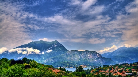 panorama of lake como hdr - lake, mountains, town, panorama, clouds, hdr