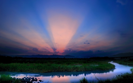 pink sunrise - pink, sunrise, river, grass