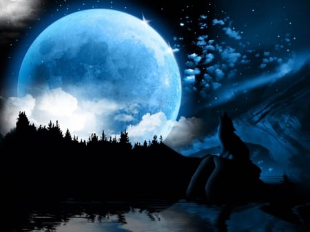 moon fantasy - moon, wolf, tree, dog