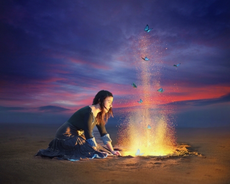 Magical Fire - dessert, fire, sky, woman