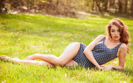 Beautiful blond lying on the grass - Woman, Female, Lips, Blonde, Beautiful, Attractive, Thigh, Pretty, Look, Lying, Eyes, Girl, Beauty, Model, Sexy