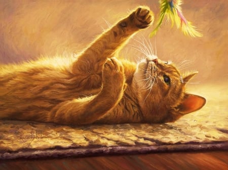 Playful Kitty - laying, resting, feather, cat, playing