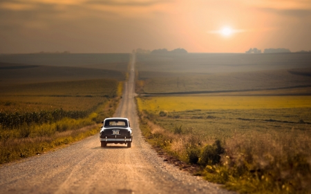 vintage car on a lonely highway - gravel, car, highway, fields, sunset