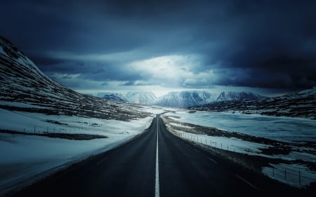 blacktop highway in iceland - blacktop, winter, highway, mountains, sunset