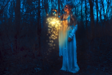 Magical lantern - woman, girl, magical, light, night, bue, fantasy, model, pixie dust