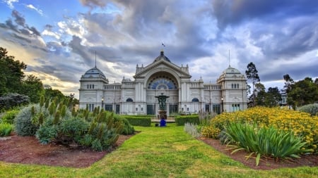 royal exhibition building in melbourne hdr - building, clouds, hdr, grass, garden, museum