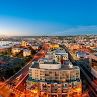 seaside city at sunset