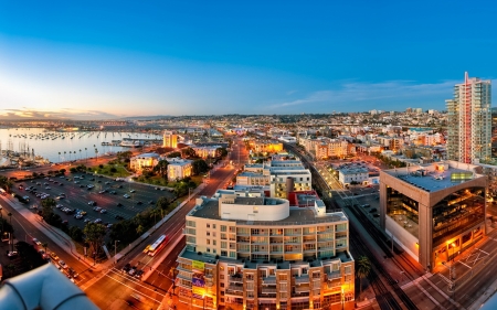 seaside city at sunset - marina, sunset, streets, city, bay