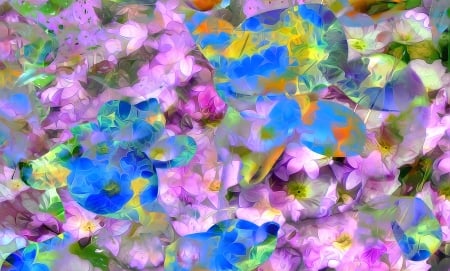 Flowers - flower, pink, poster, yellow, texture, painting, blue, art