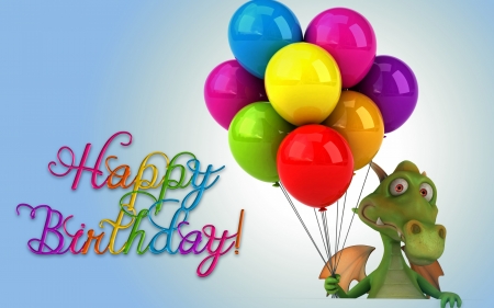 Happy Birthday! - rainbow, dino, balloon, purple, yellow, green, card, orange, birthday, pin