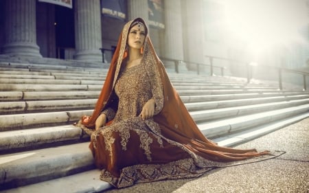 Indian woman on the stairs - stairs, indian, girl, indian woman, model