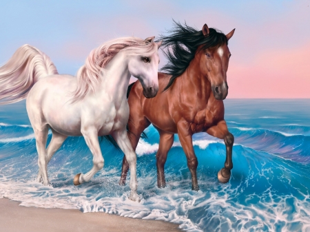 Two Horses - animal, horses, beach, waves