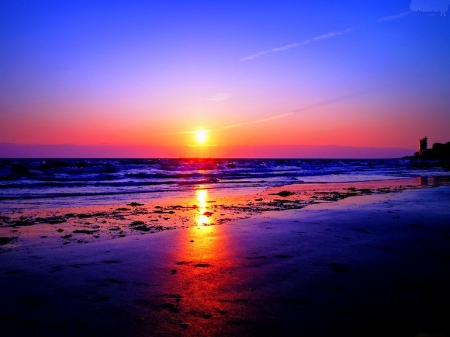 Ocean Sunset - nature, beach, ocean, reflection, sunset, waves