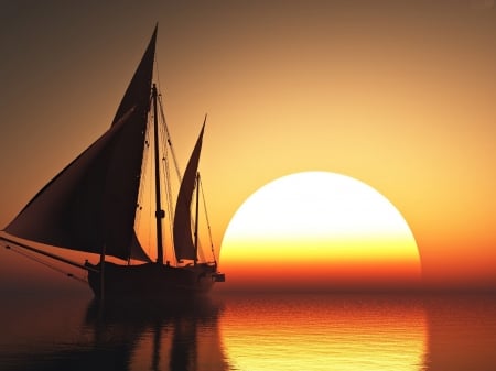 Sailing Boat at Sunset - sunset, reflection, nature, boat