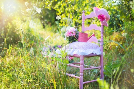 Lovely Summer â™¥ - hat, photography, summer, lovely, chair, pink, beautiful, flowers, grass