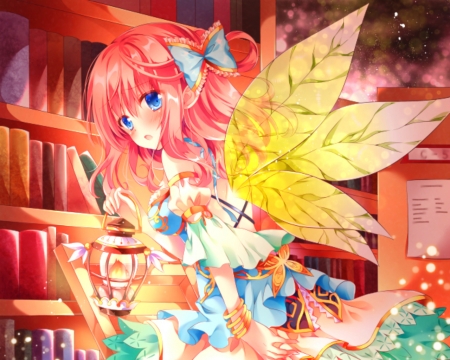 Cute Fairy - anime, library, art, girl