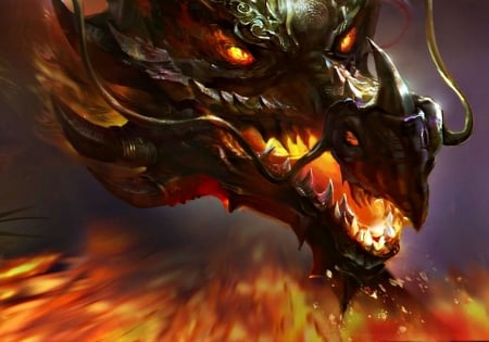 Dragon - black, fantasy, rongrong wang, dragon, fire, orange, art, dark