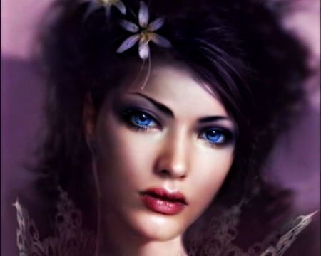 Beauty - tang yuehui, face, purple, portrait, pink, brunette, girl, art, fantasy, blue eyes, woman