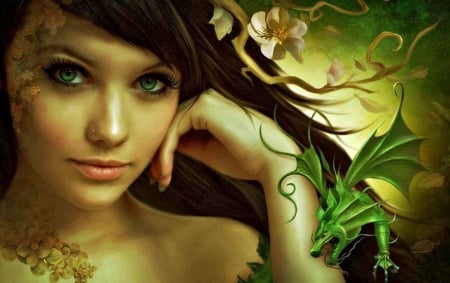 Beauty and the Dragon - beauty, woman, girl, eyes, branch, tang yuehui, fantasy, tattoo, face, art, dragon, green, flower