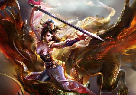 Goddess - rongrong wang, sword, girl, art, fire, wings, goddess, fantasy, orange, dragon, painting, woman