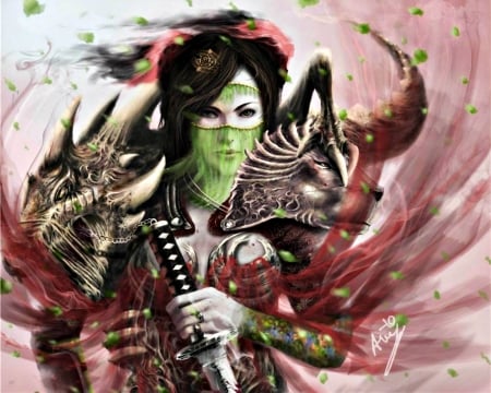 Warrior girl - sword, pink, katana, girl, art, warrior, fantasy, woman, green