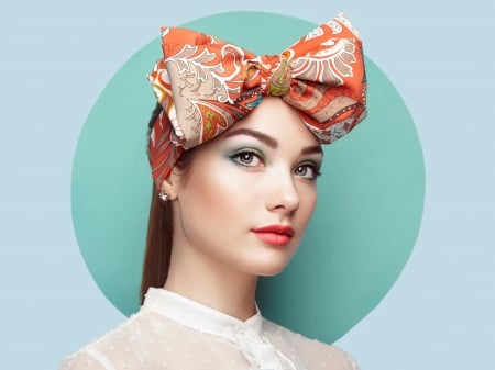 Beauty - make-up, bow, beauty, model, orange, girl, woman, blue