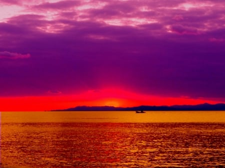 SUMMER SUNSET - sunset, summer, ship, lake, mountains, sky