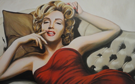 Marilyn Monroe - sofa, girl, blonde, actress, Marilyn Monroe, red, painting, woman, art