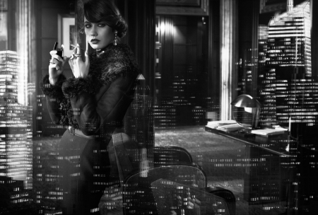 Olga Kurylenko - window, girl, city, buildings, actress, black, white, lights, woman, Olga Kurylenko, model, bw, glass