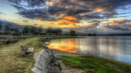 The Bench - bench, lake, nature, sky