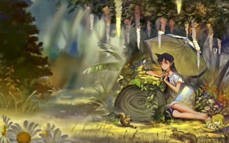 Parasol - fantasy, parasol, girl, landscape, butterfly, forest, squirrel