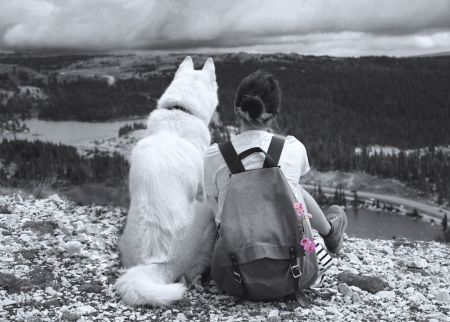 There is a valley of peace - clouds, woman, dog, friends, mountain