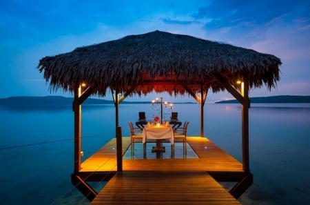 Romantic Place - beach, romantic, lights, evening, sea, ocean