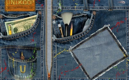 denim desktop - money, pencil, brush, jeans